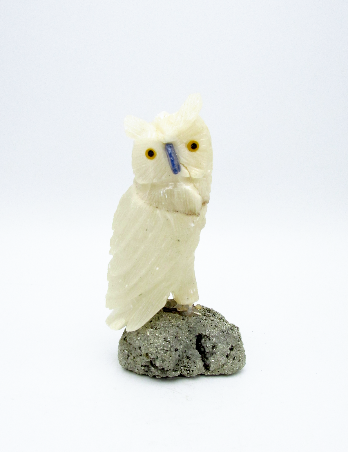 White Calcite Crystal Owl on Pyrite | Hand-Carved