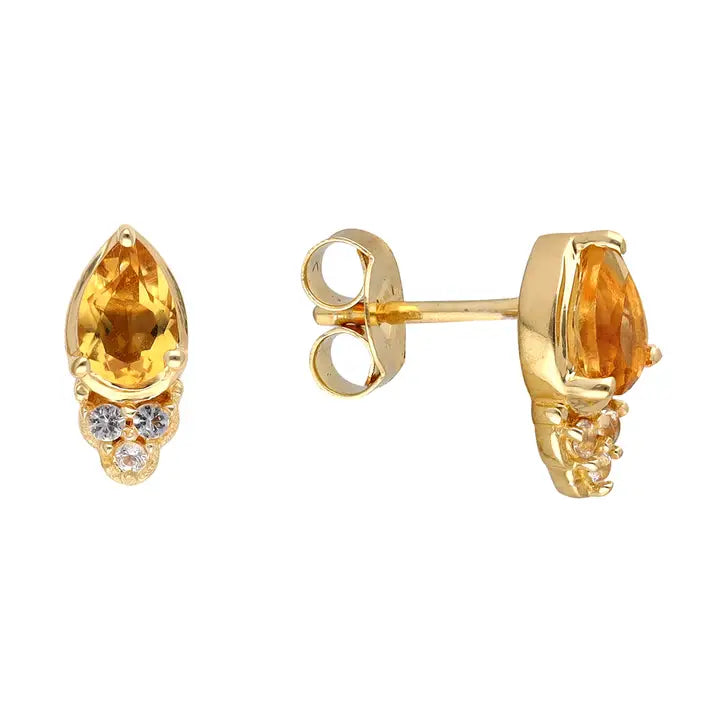 Citrine Topaz Pear Stud Earring - 14K Gold Plated