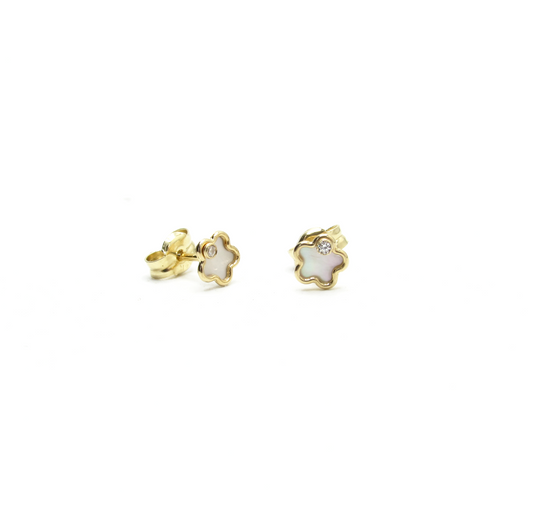 Pearl CZ Flower Studs 14K Gold