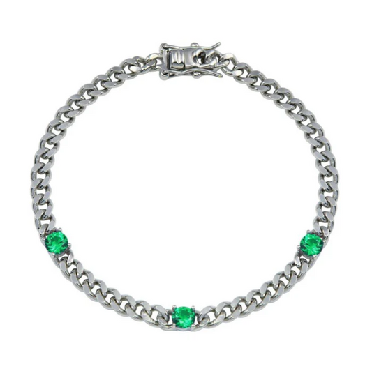 Emerald CZ Curb Link Bracelet .925