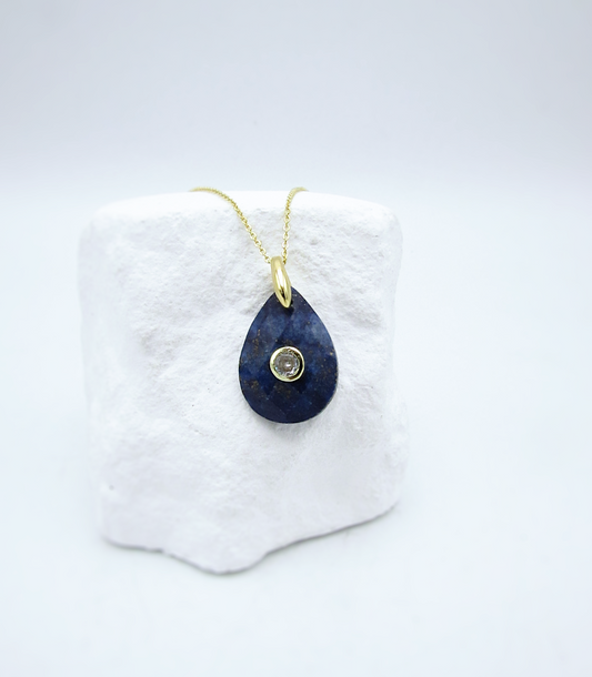 Lapis Lazuli & White Topaz Adjustable Teardrop Necklace | 18K GP SS