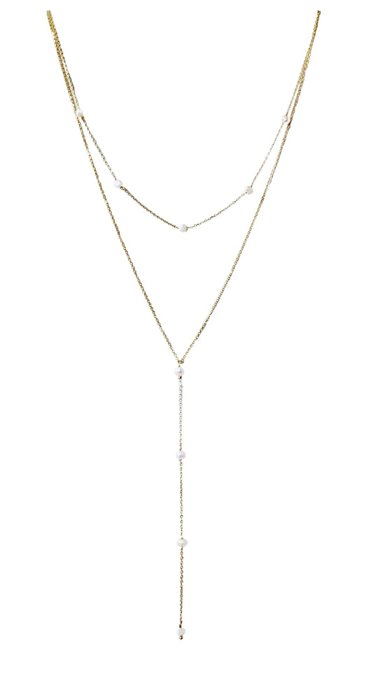 Double Layered Pearl Y Necklace 14K GP