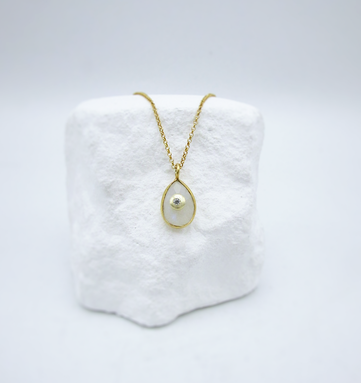 Rainbow Moonstone & White Topaz Necklace | 18K GP SS