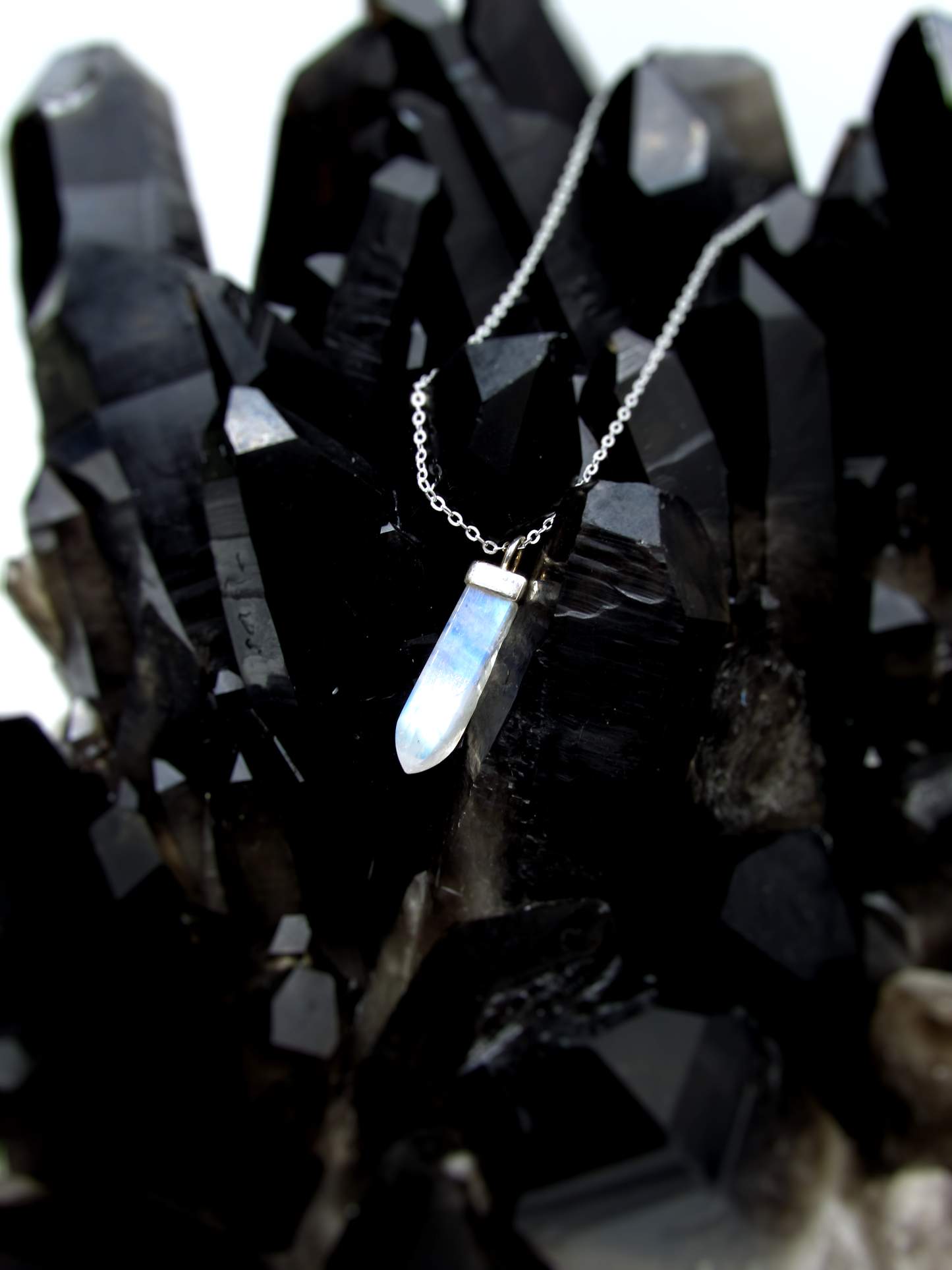 Rainbow Moonstone Crystal Point Pendant – Sterling Silver