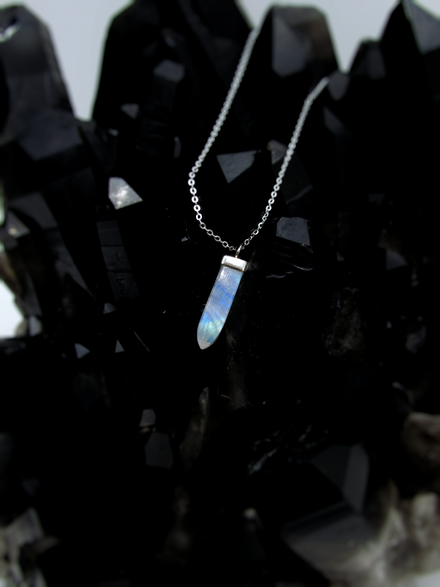 Rainbow Moonstone Crystal Point Pendant – Sterling Silver