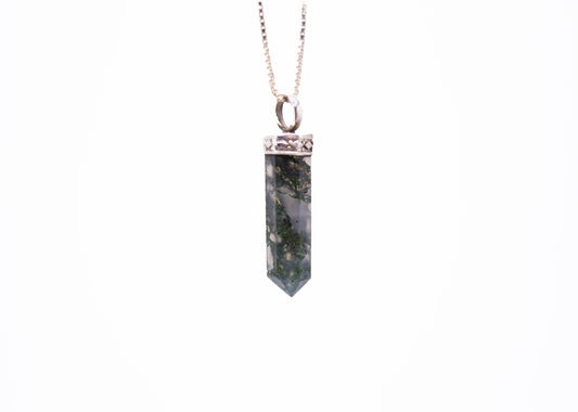 Moss Agate Mini Crystal Point Necklaces .925 Adjustable Chain