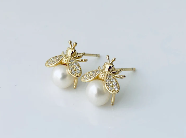 Pearl Bling Bee Studs 14K GP