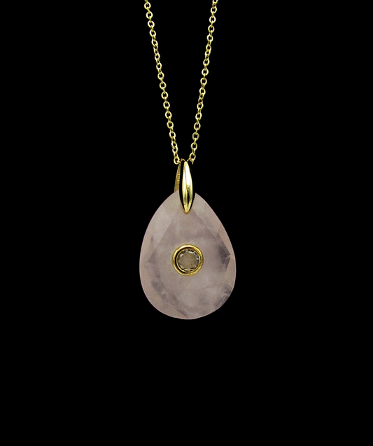 Rose Quartz & White Topaz Adjustable Teardrop Necklace | 18K GP SS