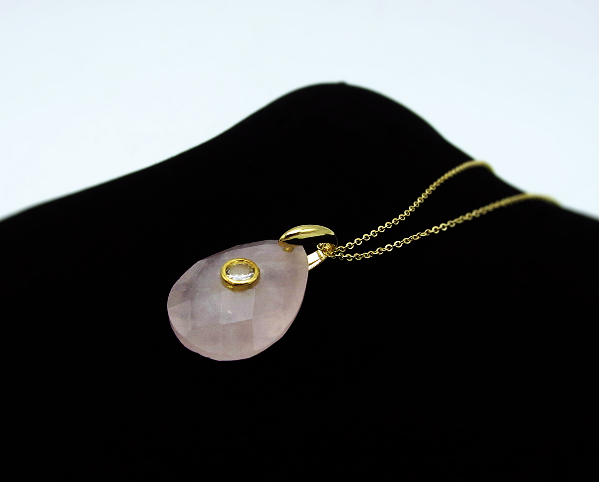 Rose Quartz & White Topaz Adjustable Teardrop Necklace | 18K GP SS
