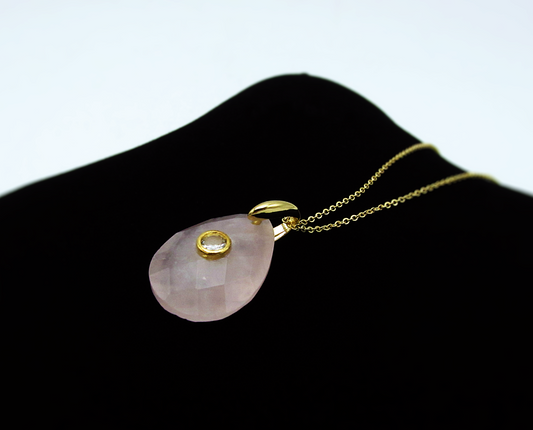 Rose Quartz & White Topaz Adjustable Teardrop Necklace | 18K GP SS