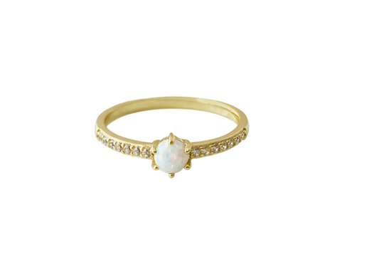 Round White Opal Ring CZ Band 14K GP